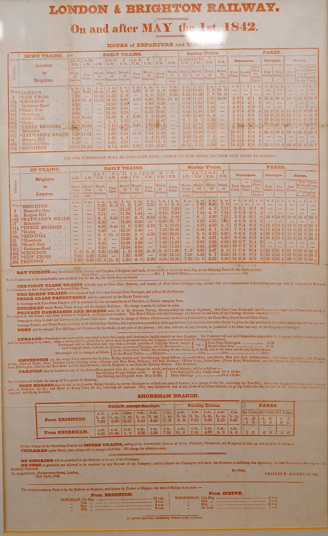 A framed London and Brighton railway timetable ‘On and after May the 1st, 1842’ including the Shoreham branch line at the bottom of the page, in a walnut frame, dimensions of the frame 62 x 44cm